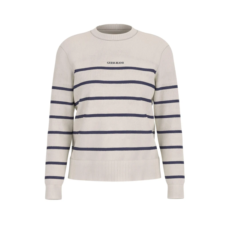 Image of Guess Womens Stripe Knitted Crew Neck Jumper Wht/Daring Oc female 14 (L)
