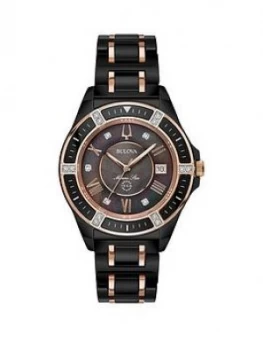 Image of Bulova Black Diamond Set Date Dial Black and Rose Gold Detail Ceramic Bracelet Ladies Watch, One Colour, Women