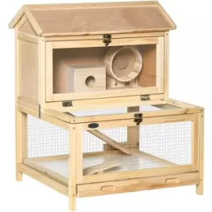 Image of Wooden Hamster Cage w/ Tray, Running Wheel, Seesaw, Ladder - Natural - Pawhut