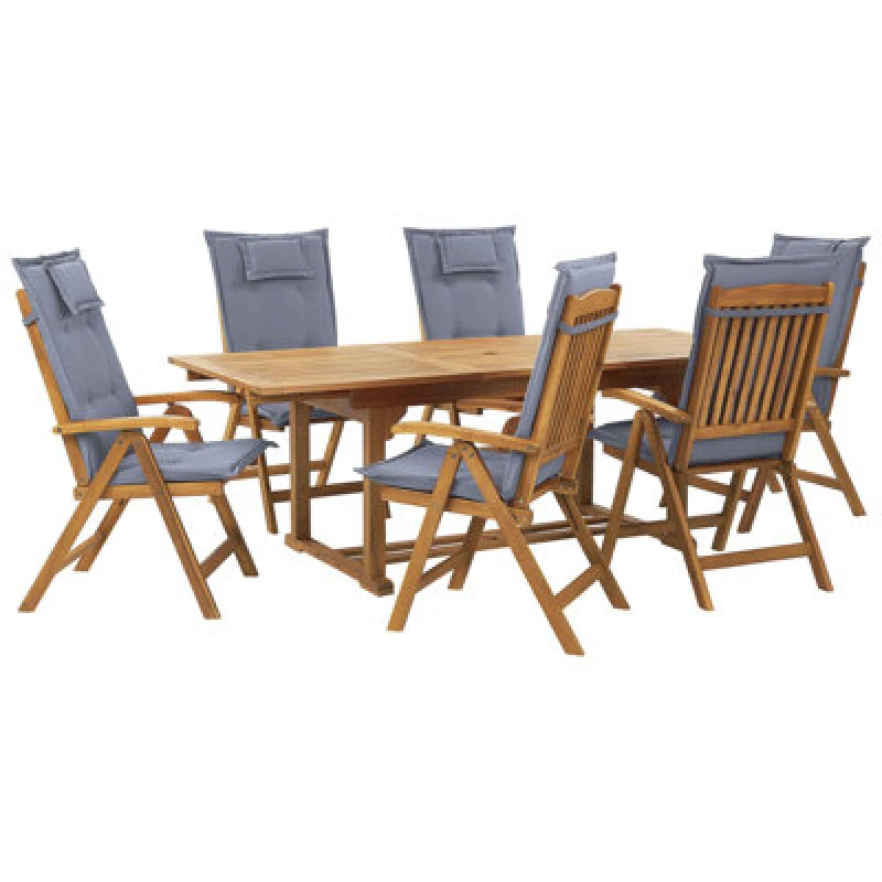 Image of Beliani Garden Dining Set 6 Seater Java With Cushions Acacia Wood Blue