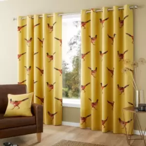 Image of Fusion Pheasant Contemporary Print 100% Cotton Eyelet Lined Curtains, Ochre, 66 x 54 Inch