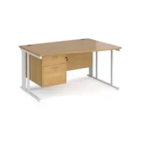 Image of Office Desk Right Hand Wave Desk 1400mm With Pedestal Oak Top With White Frame Maestro 25 MCM14WRP2WHO