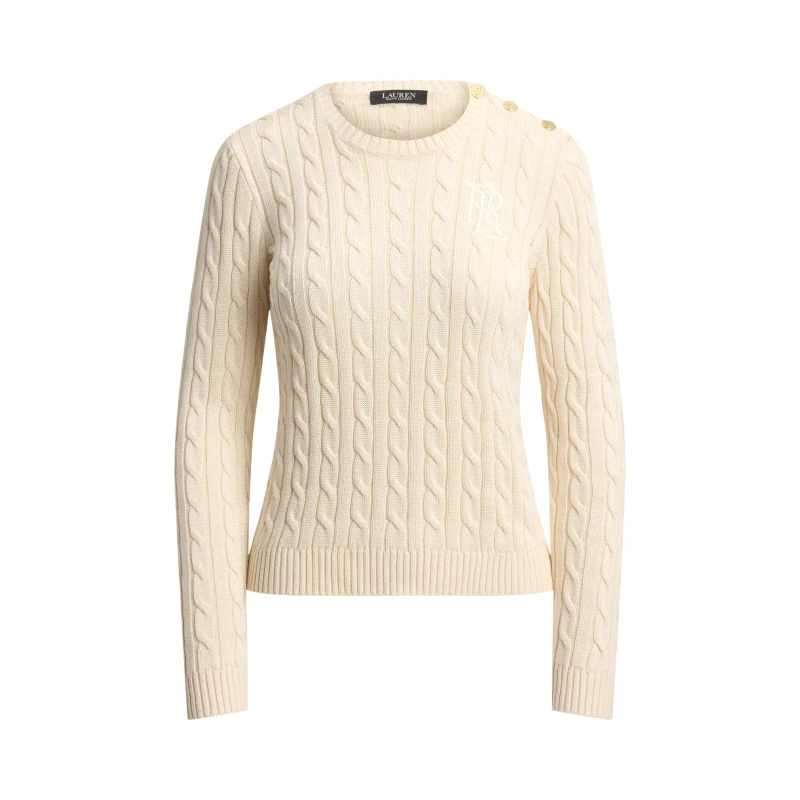 Image of Lauren by Ralph Lauren Button-Trim Cable Knit Jumper - Cream Cream 10