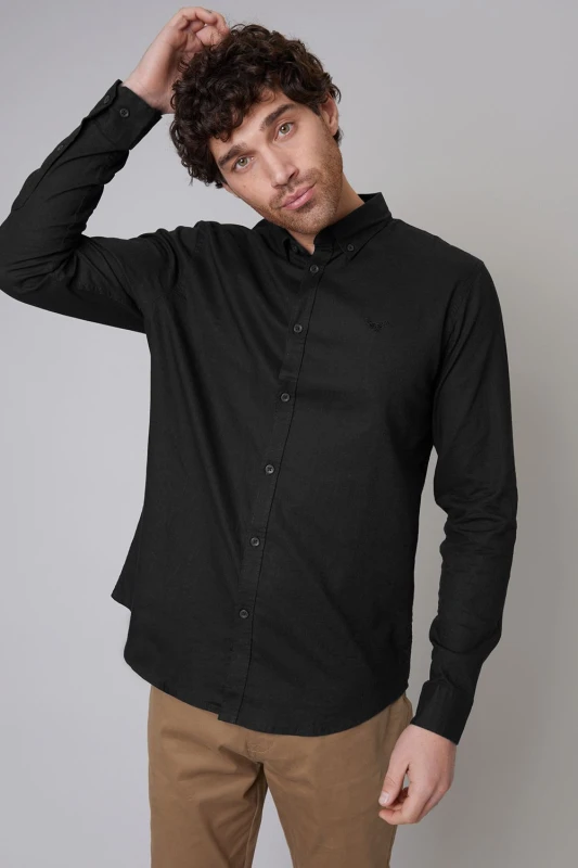 Image of Threadbare Mens 'Bale' Linen Blend Long Sleeve Shirt in Black Size: Medium Black Male M