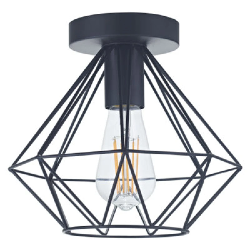 Image of Happy Homewares Industrial Basket Cage Designed Matt Black Metal Semi Flush Ceiling Light