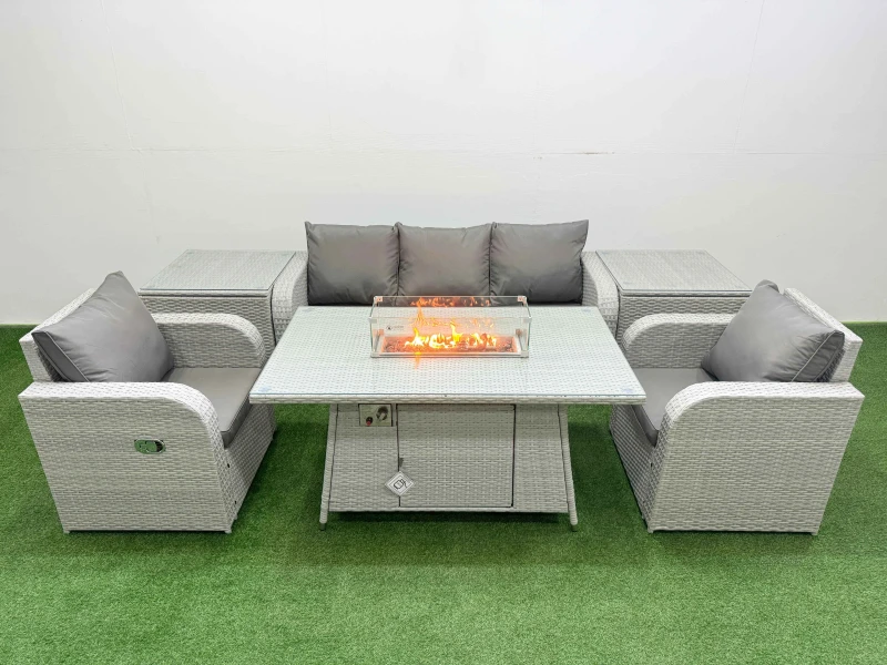 Image of Fimous PE Rattan Garden Furniture Set Reclining Chair Sofa Lounge Sofa Set Firepit Dining Table 2 Side Table Light Grey Light Grey