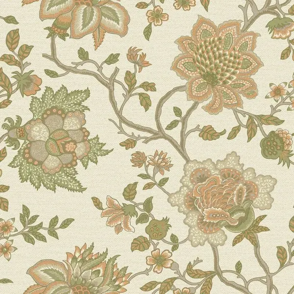 Image of YOL YOL - Jacobean Trail Wallpaper Floral Leaves Orange Sage Natural Flowers Feature Wall WL-13591