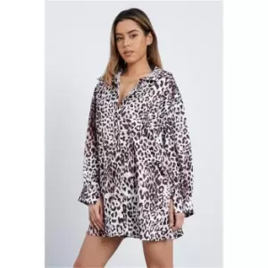 Image of I Saw It First Nude Leopard Print Oversized Shirt Dress - Brown