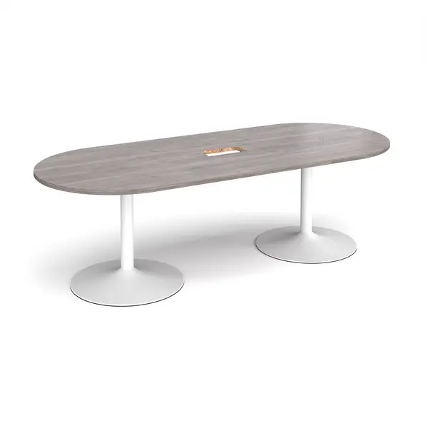 Image of Trumpet Base D - End Office Boardroom Table with Power Module Cut Out - Grey Oak - White Base