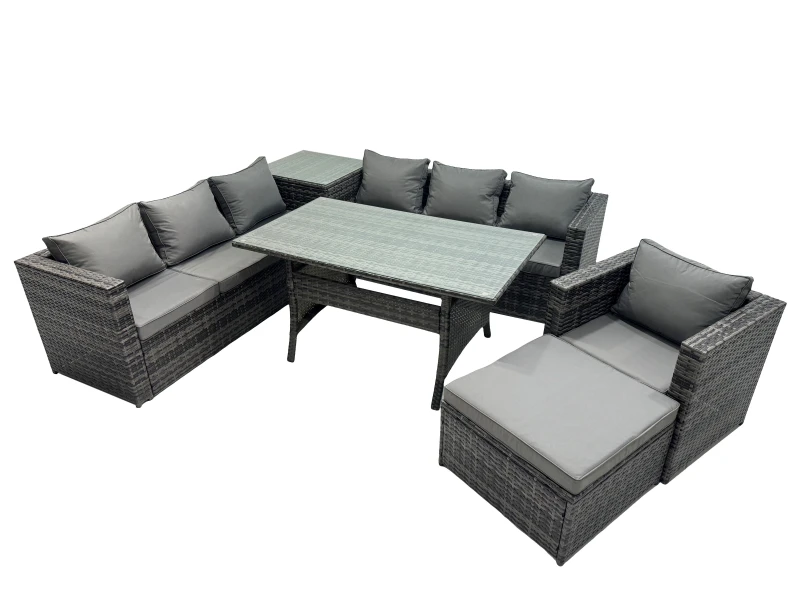Image of Fimous 8 Seater Garden Rattan Furniture Set with Side Table Big Stool in Dark Grey Dark Grey Unisex