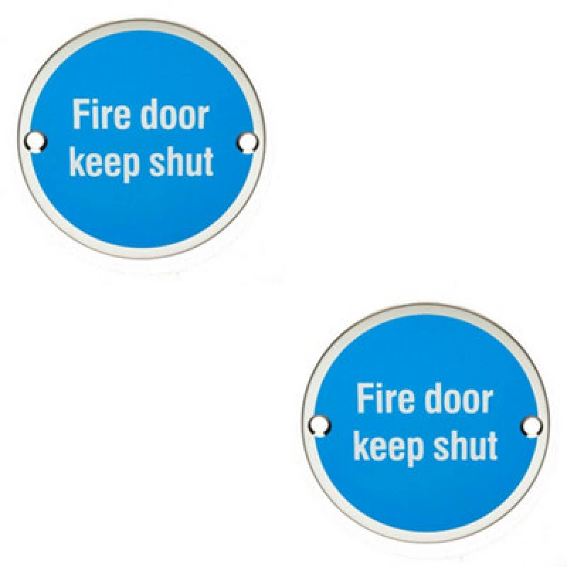 Image of Loops 2x Fire Door Keep Shut Sign 64mm Fixing Centres 76mm Dia Polished Steel Metallics