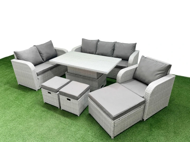 Image of Fimous Patio PE Wicker 9 Seater Outdoor Rattan Furniture Sofa Sets with Adjustable Lifting Dining or Coffee Table Reclining Chair Loveseat Sofa 3 Seat