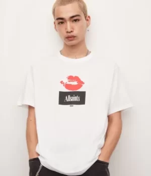 Image of AllSaints Mens Kiss Crew T-Shirt, Optic White, Size: M