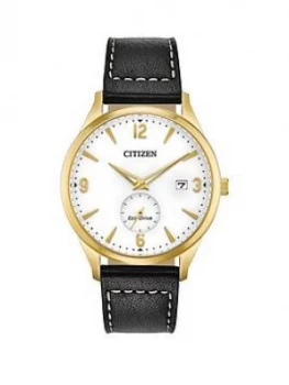Image of Citizen Eco-Drive White And Gold Detail Date Dial Black Leather Strap Mens Watch