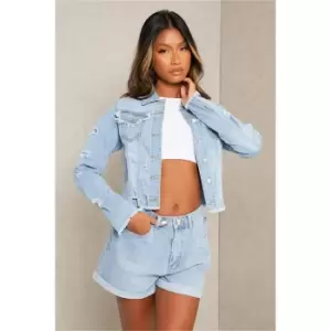 Image of I Saw It First Light Wash Skinny Fit Distressed Denim Jacket - Blue