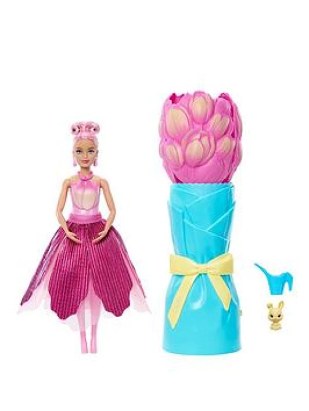 Image of Barbie Petal Pop Scented Doll with Pink Tulip Dress & Accessories Bouquet Reveal with Pet Bunny & Surprises like Watering Can Necklace & Earrings J