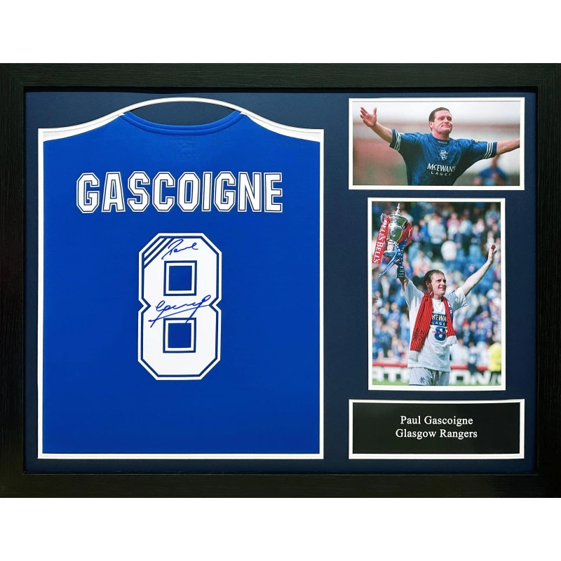 Image of AllStarSignings Ltd Paul Gazza Gascoigne signed & framed Rangers shirt Blue unisex One Size