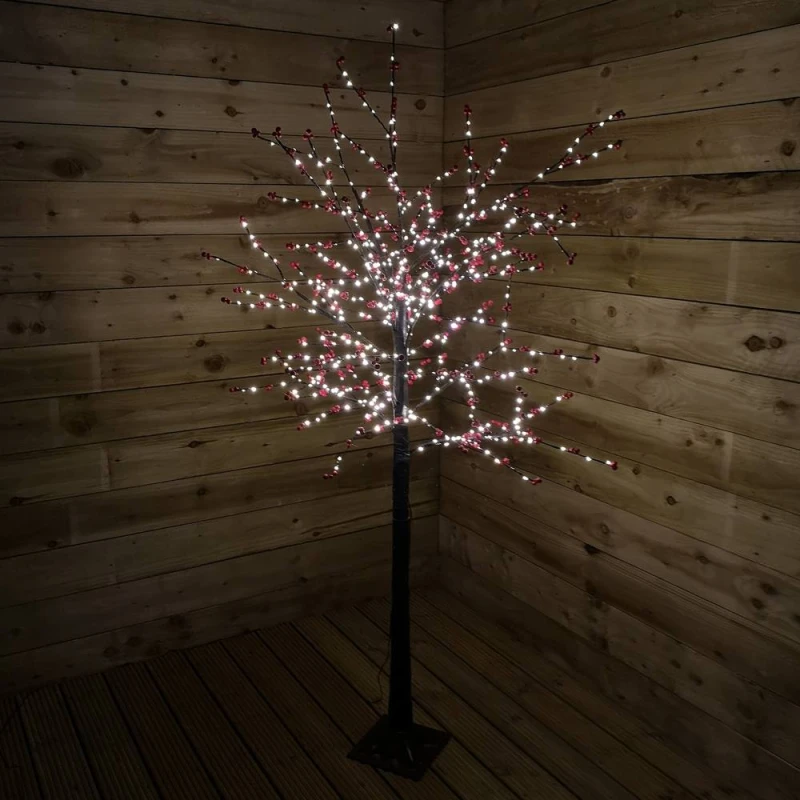 Image of Samuel Alexander 180cm 6ft Christmas Lit Black Twig Tree Red Berry 600 Warm White LED Red Unisex
