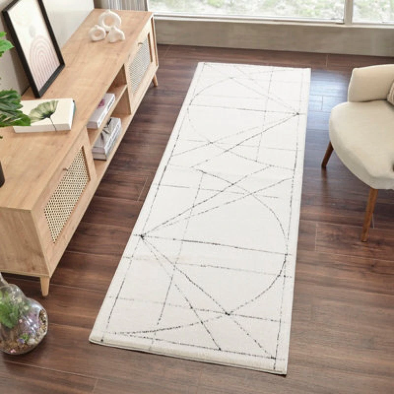 Image of Galey Alix X Livabliss Modern Scandi High Pile Ivory/black Architect V Runner Rug 80 X 220 Cm - Easy Care, Ideal For Hallway