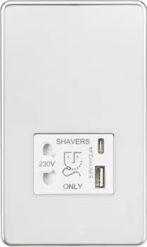 Image of KnightsBridge Shaver socket with dual USB A+C (5V DC 2.4A shared) - polished chrome with white insert