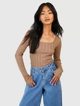 Image of Boohoo Square Neck Knitted Top - Taupe, Beige, Size 10, Women