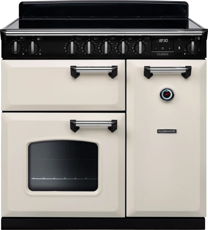 Image of Rangemaster Classic CL90EIPPCR/CM1 90cm wide Electric Range Cooker with Induction Hob - Pale Cream / Chrome - A Rated