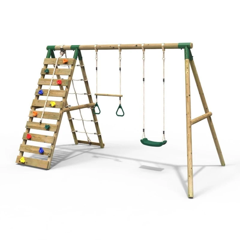 Image of Rebo Wooden Double Swing Set with Trapeze Bar and Climbing Wall - Savannah Green Green