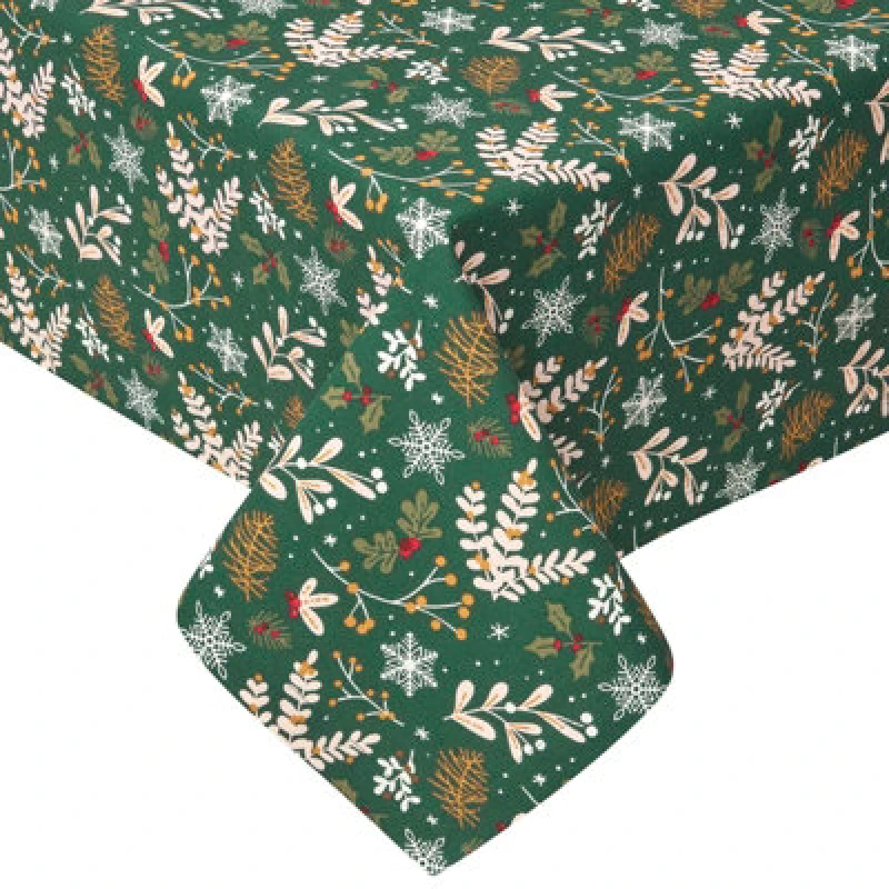 Image of Homescapes Festive Forest 100% Cotton Round Green Christmas Tablecloth 178 Cm