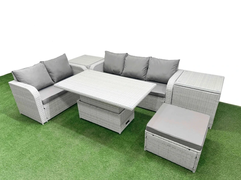 Image of Fimous 6 Seater PE Rattan Wicker Garden Furniture Patio Conservatory Sofa Set with Adjustable Lifting Dining Table Big Footstool 2 Side Table