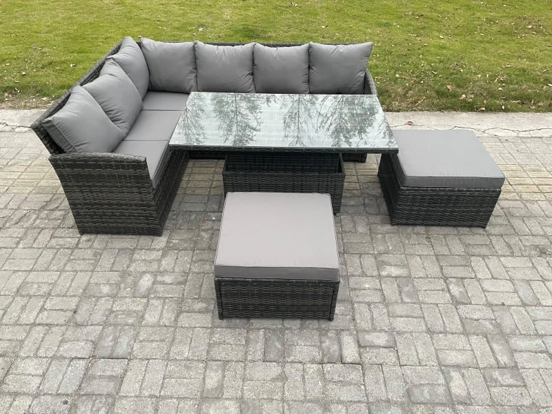 Image of Fimous Outdoor Garden Furniture Set Wicker PE Rattan Height Adjustable Rising Lifting Table Sofa Dining Set with 2 Big Footstool Dark Grey