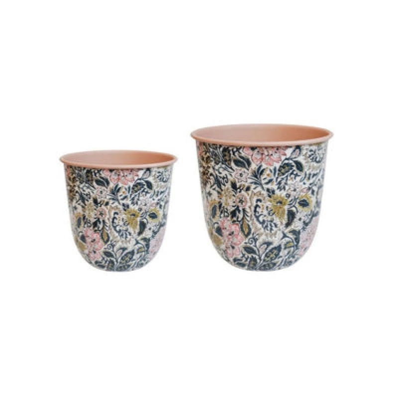 Image of Ivyline Set Of 2 Vintage Floral Patterned Pink Metal Flower Pots (Set 2)
