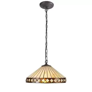 Image of 1 Light Downlighter Ceiling Pendant E27 With 40cm Tiffany Shade, Amber, Crystal, Aged Antique Brass - Luminosa Lighting