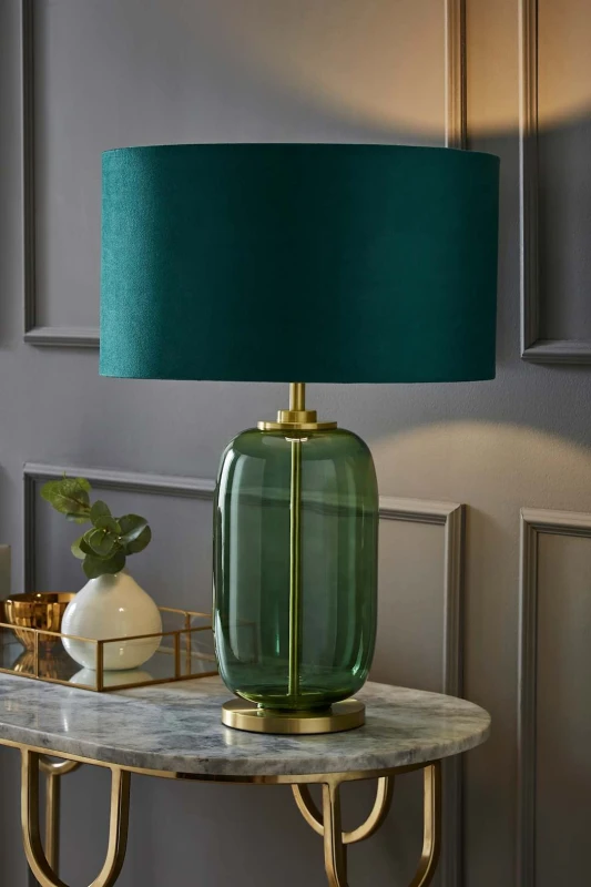 Image of ValueLights Leigh Green Velvet Drum Shade with Forest Green Glass and Gold Trim Table Lamp Bottle Green