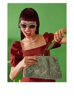 Image of Accessorize Hand-beaded Clip Frame Clutch, Green, Women