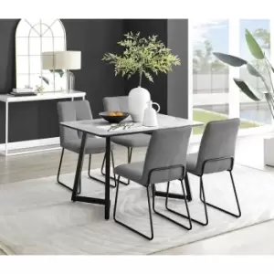 Image of Furniturebox Carson White Marble Effect Recatngular 120cm Dining Table & 4 Dark Grey Halle Fabric Chairs