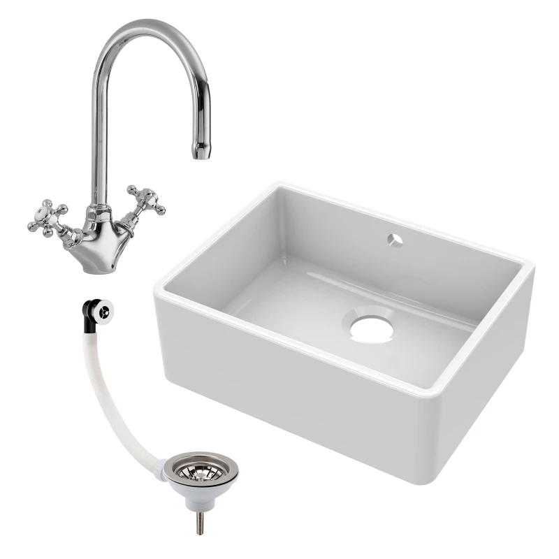 Image of Balterley Fireclay 1 Bowl Butler Sink Overflow Mono Sink Mixer Tap Waste 595mm in White White Unisex