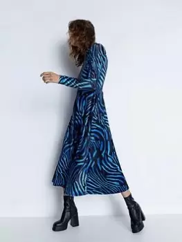Image of Warehouse Zebra Print Velvet Funnel Neck Midi Dress - Blue Size L, Women