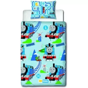 Image of Thomas And Friends Train Track Duvet Cover Set (Single) (Sky Blue/Blue)
