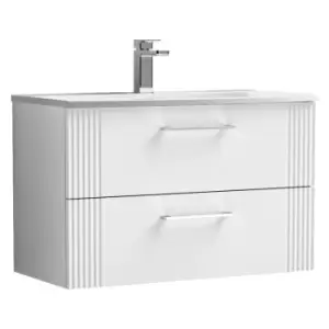 Image of Nuie Deco Satin White 800mm Wall Hung 2 Drawer Vanity Unit with 30mm Curved Profile Basin - DPF195G - Satin White