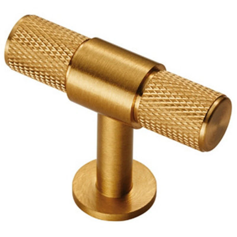 Image of Loops Knurled Cupboard T Shape Pull Handle 50 x 13mm Satin Brass Cabinet Handle Metallics unisex
