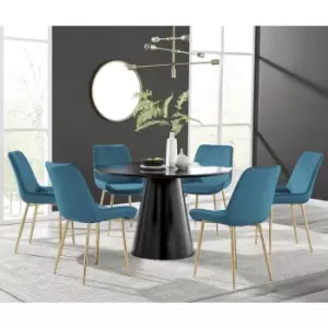 Image of Furniturebox Palma Black Semi Gloss 120cm Round Minimalist Dining Table & 6 Blue Pesaro Gold Leg Chairs