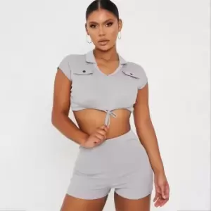 Image of I Saw It First Tie Front Crop Top and Shorts Co Ord Set - Grey