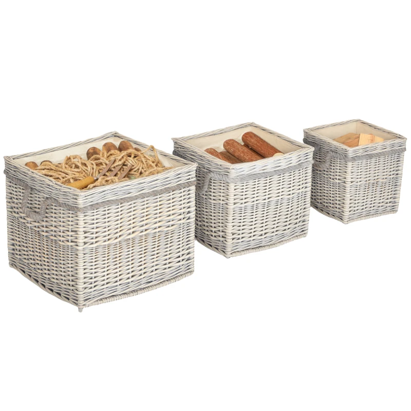 Image of Outsunny Outsunny Set of 3 Wicker Log Basket with Liner and Rope Handles, Beige