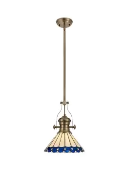 Image of 1 Light Telescopic Ceiling Pendant E27 With 30cm Tiffany Shade, Antique Brass, Blue, Crystal