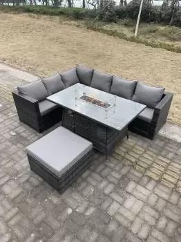 Image of Fimous 6 Seater Outdoor Dark Grey Rattan Lounge Complete Sofa Set with Gas Firepit Dining Table, Heater and Big Footstool