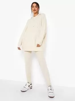 Image of Boohoo Soft Knit Hoodie Co-ord Set - Stone, Cream, Size L, Women