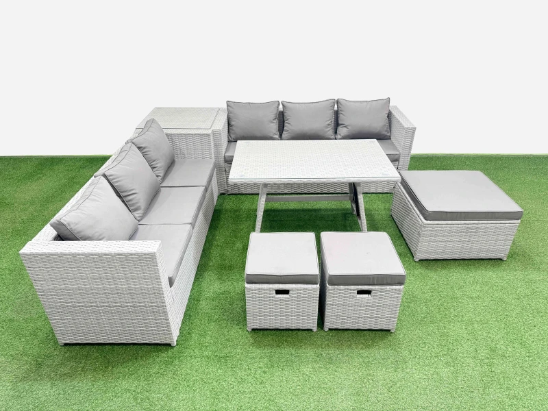 Image of Fimous 9-seater Patio Rectangular Table 3 Seater Sofa Set with Side Table in Light Grey Light Grey Unisex