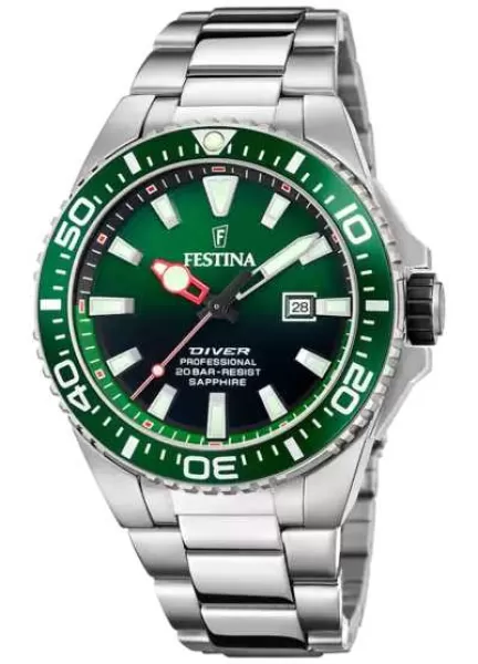 Image of Festina F20663/2 Mens Diver (45.7mm) Green Dial / Stainless Watch