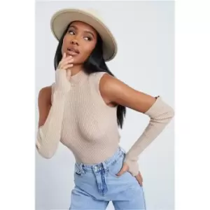 Image of I Saw It First Stone Ribbed High Neck Cropped Top With Sleeves - Brown