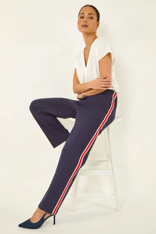 Image of Roman Womens Petite Side Stripe Stretch Trouser in Navy Size: 14 Navy Female 14